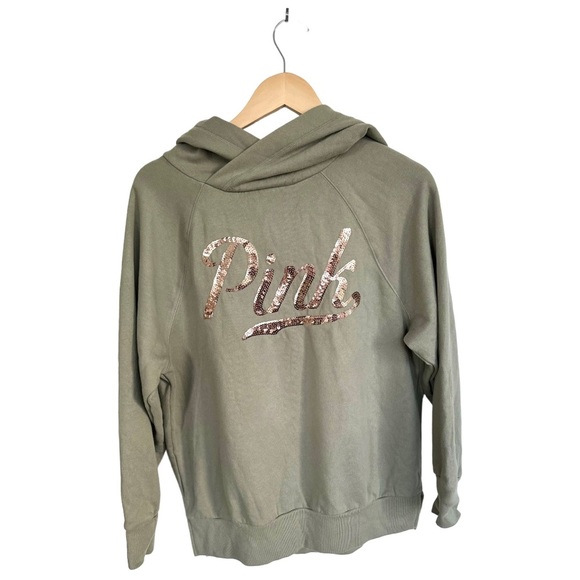 PINK Victoria's Secret Sequin Hoodie Light Green with Pink Sequins Size XS - Picture 8 of 15